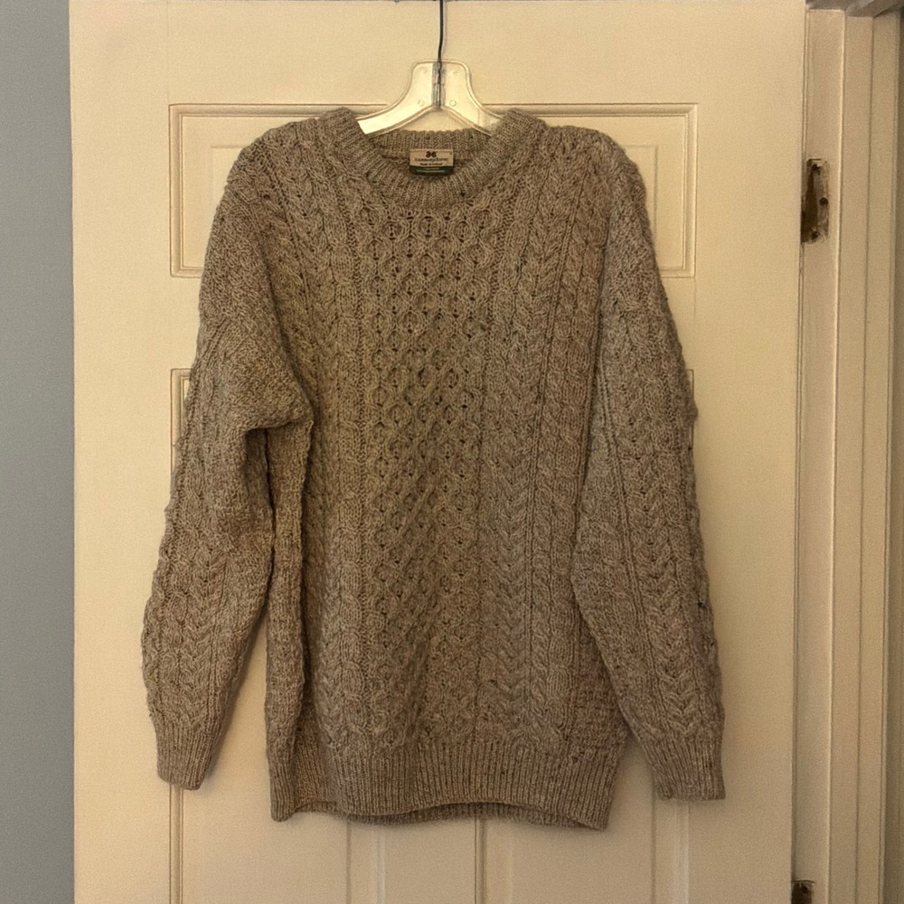 Carraig Donn Aran Wool Sweater Beige Cable Knit Made in Ireland Mens M Fisherman